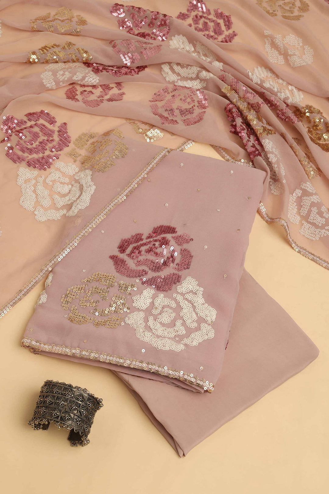 PINK UNSTITCHED SUIT WITH BOTTOM FABRIC & DUPATTA