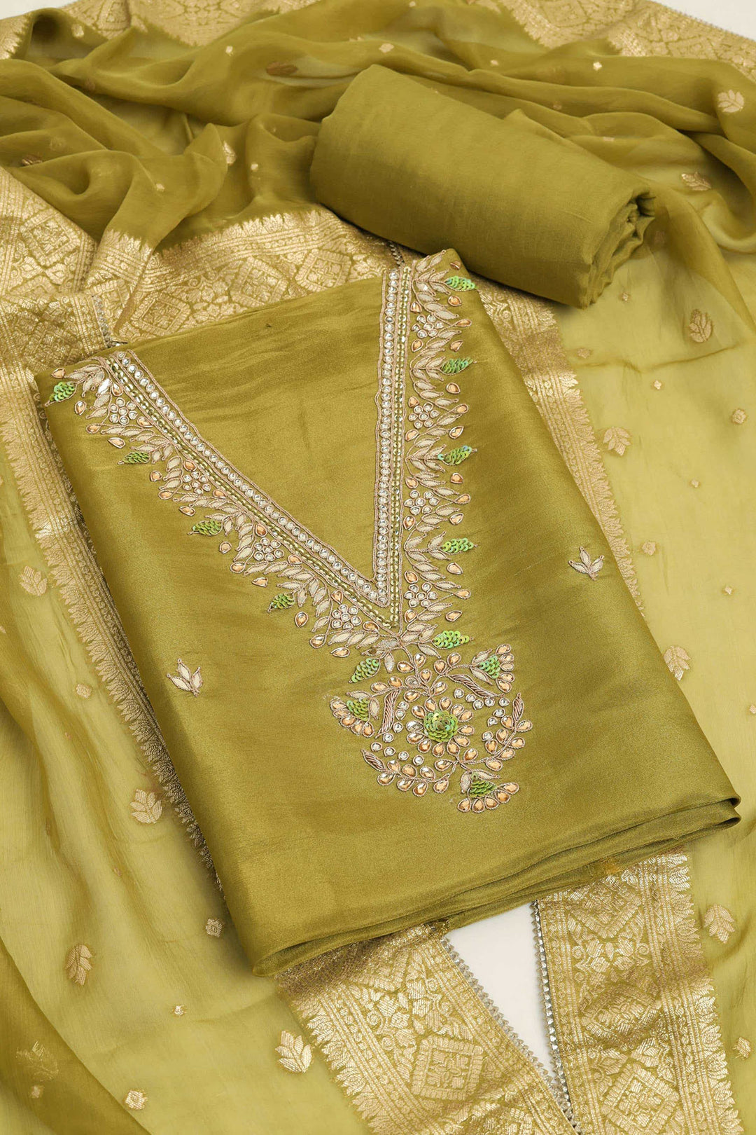 MEHENDI GREEN UNSTITCHED SUIT WITH BOTTOM FABRIC & DUPATTA