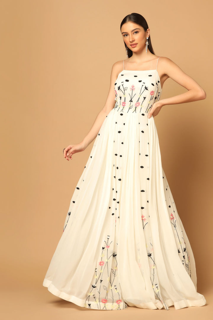 White Gown with Floral Embroidery