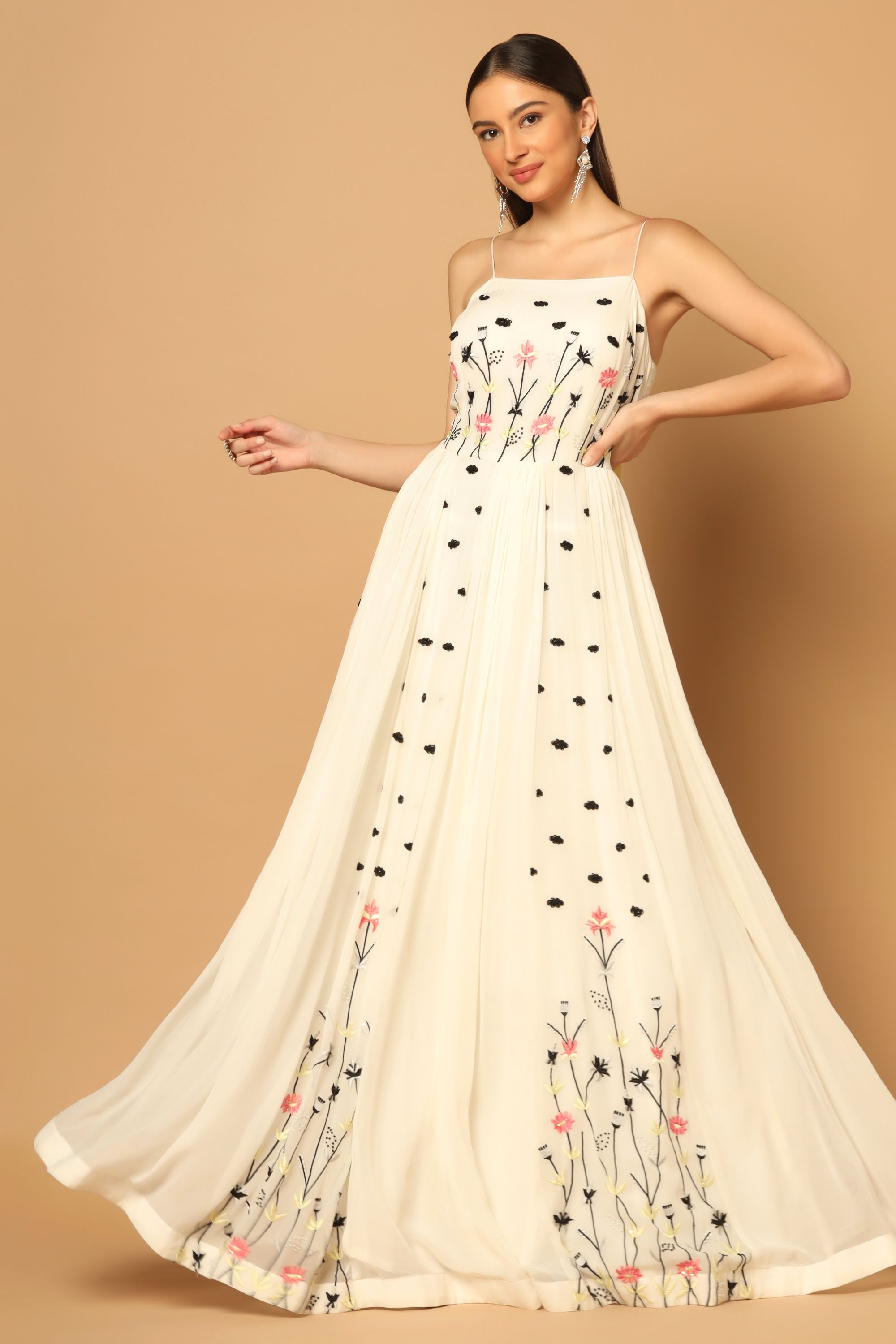 White Gown with Hand Floral Embroidery