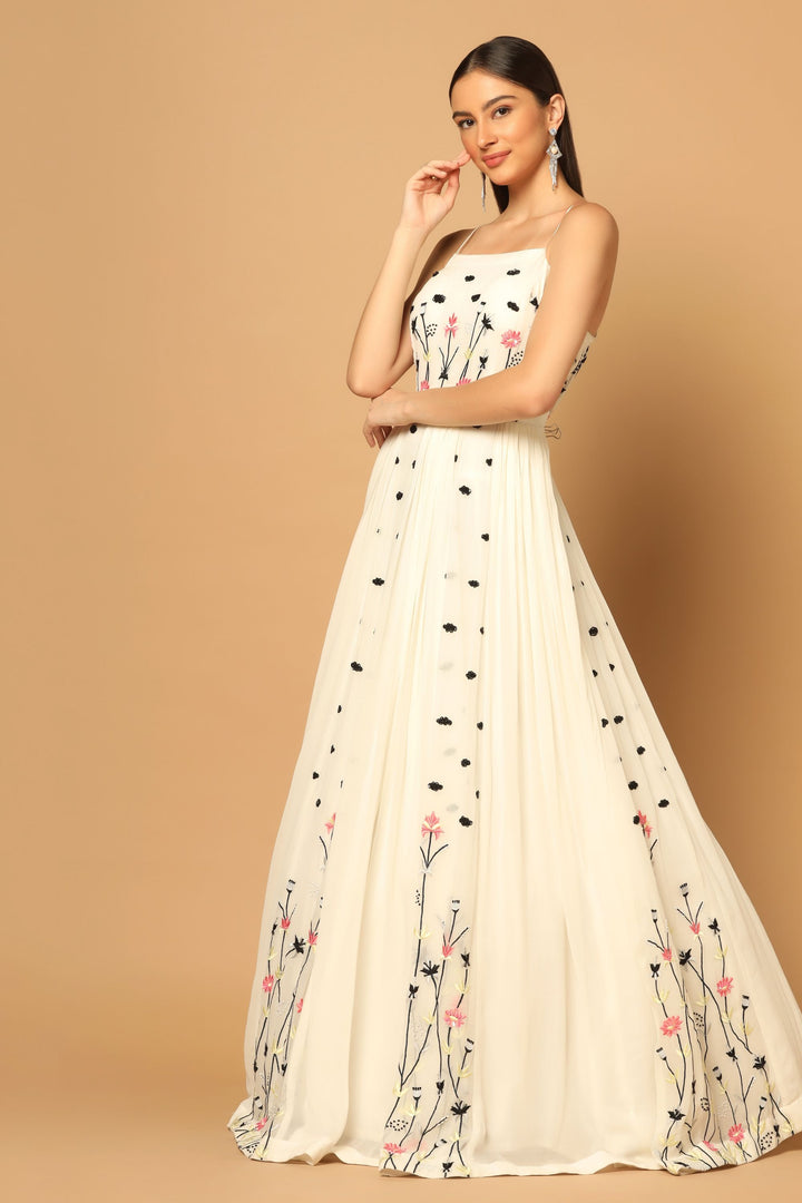 White Gown with Floral Embroidery