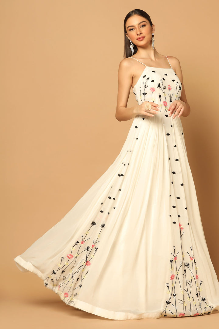 White Gown with Floral Embroidery