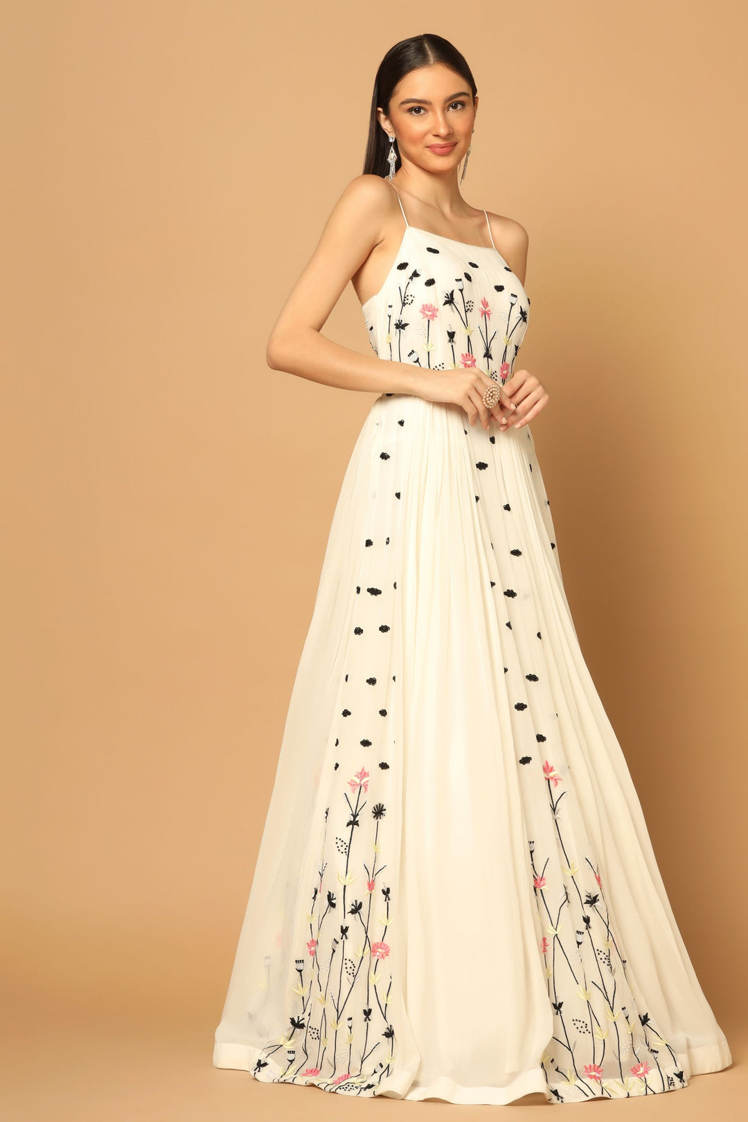 White Gown with Floral Embroidery