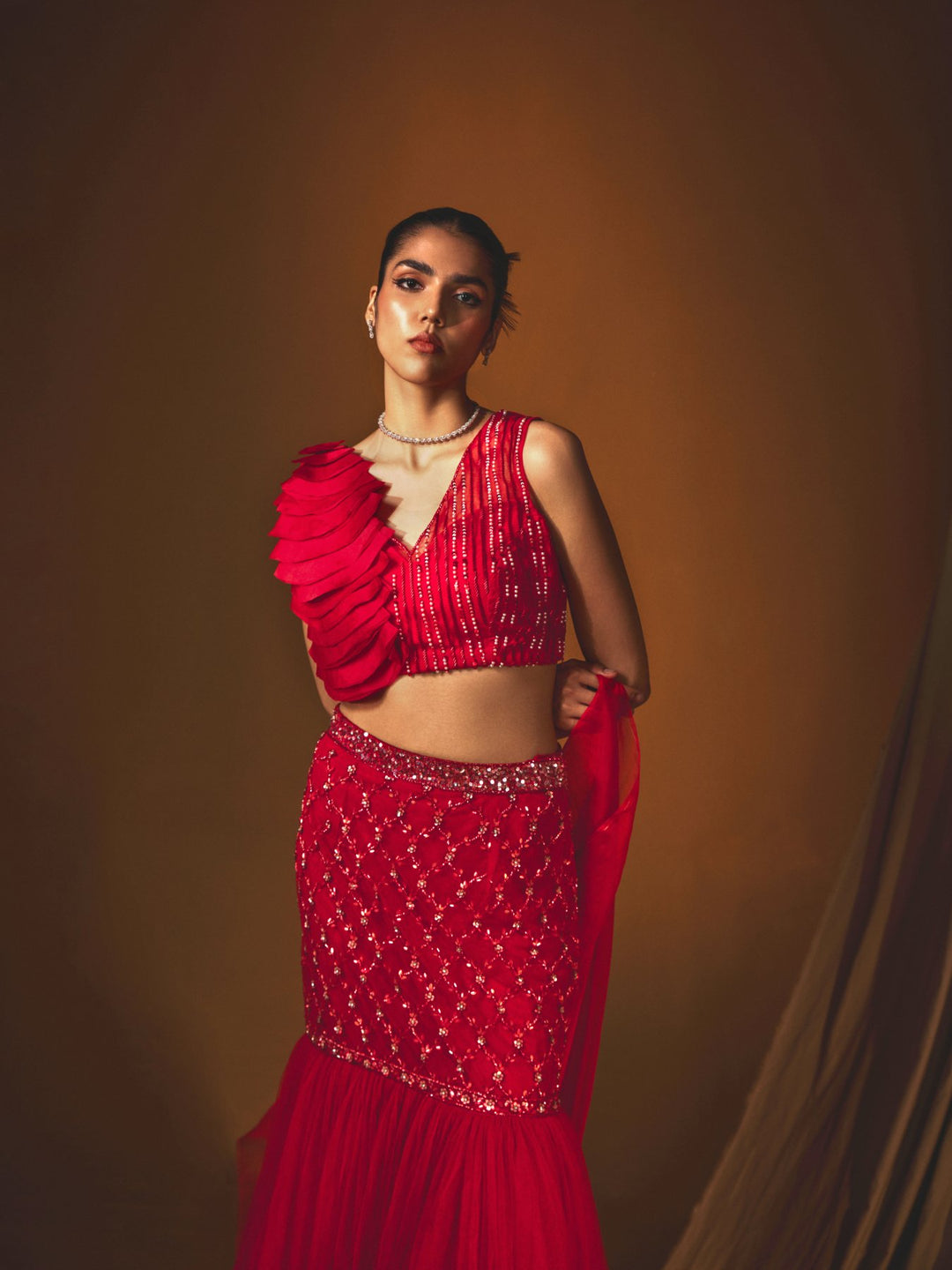 Red Thread & Sequins Embellished Lehenga Ensemble