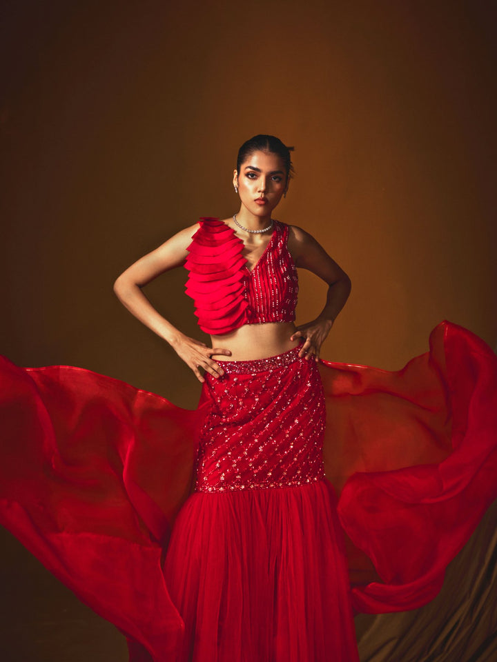 Red Thread & Sequins Embellished Lehenga Ensemble