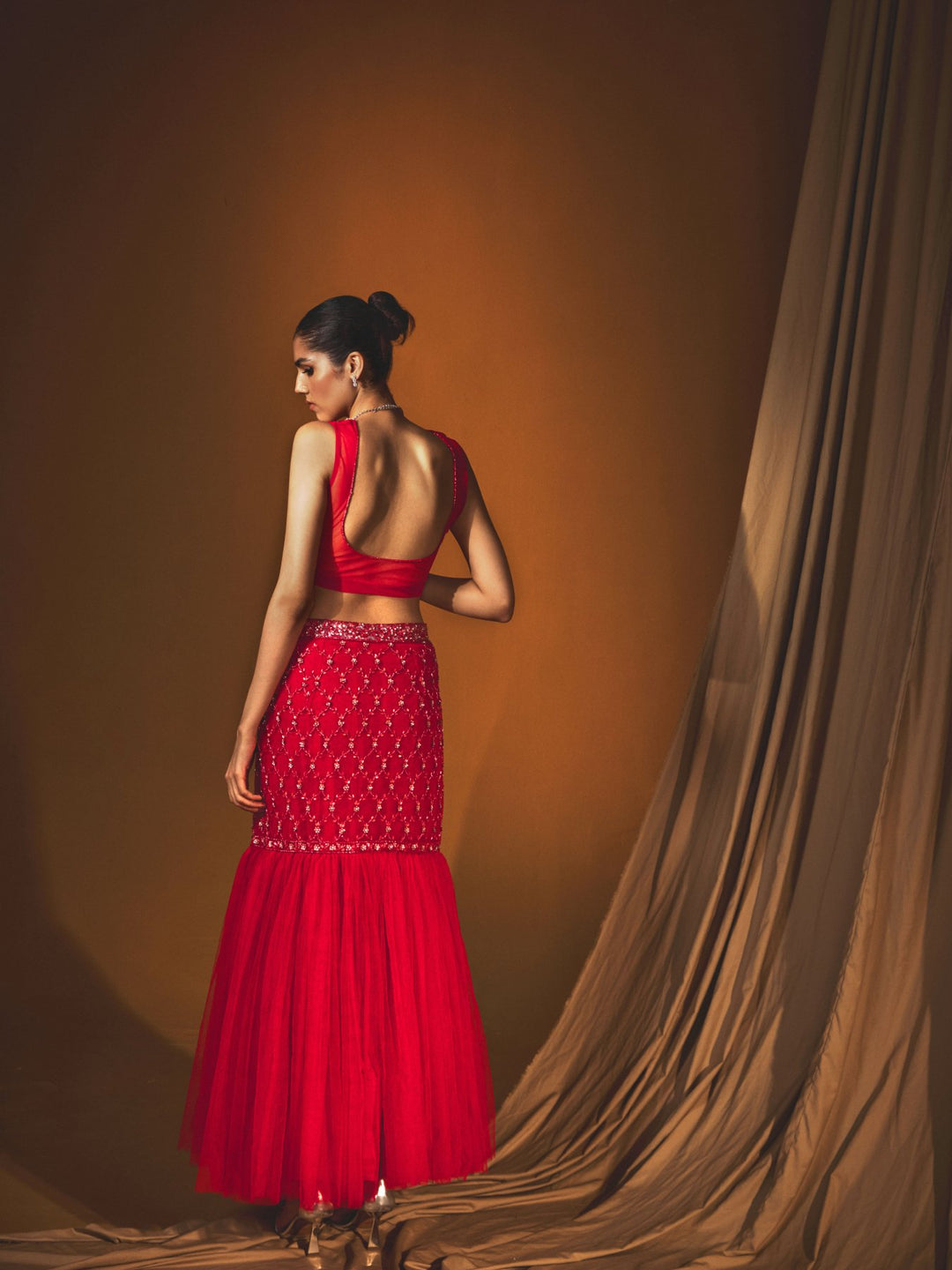 Red Thread & Sequins Embellished Lehenga Ensemble