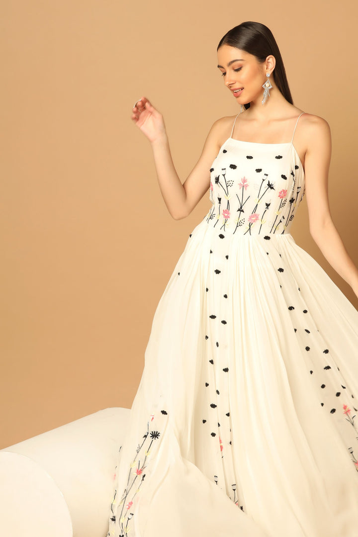 White Gown with Floral Embroidery