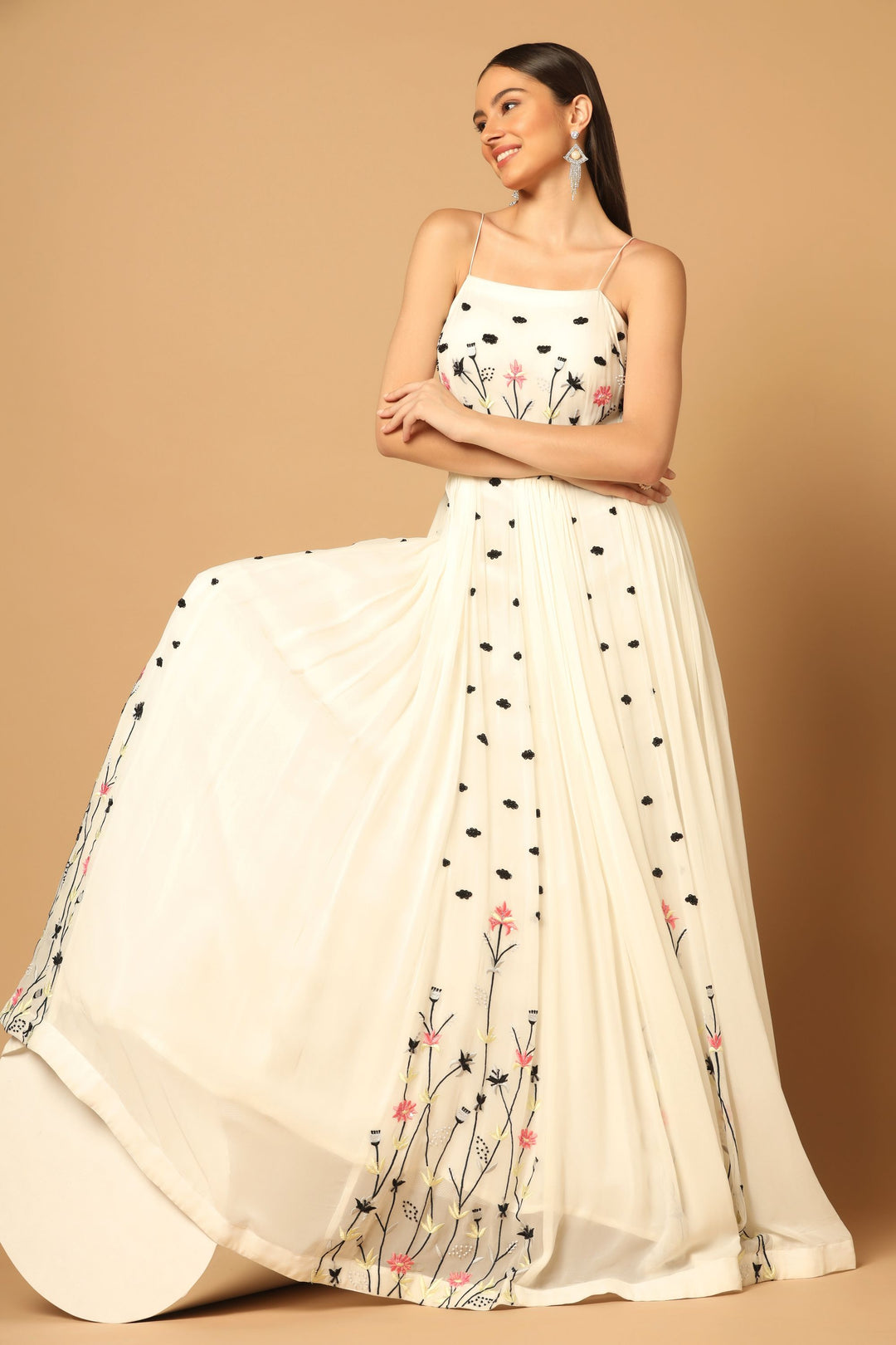 White Gown with Floral Embroidery