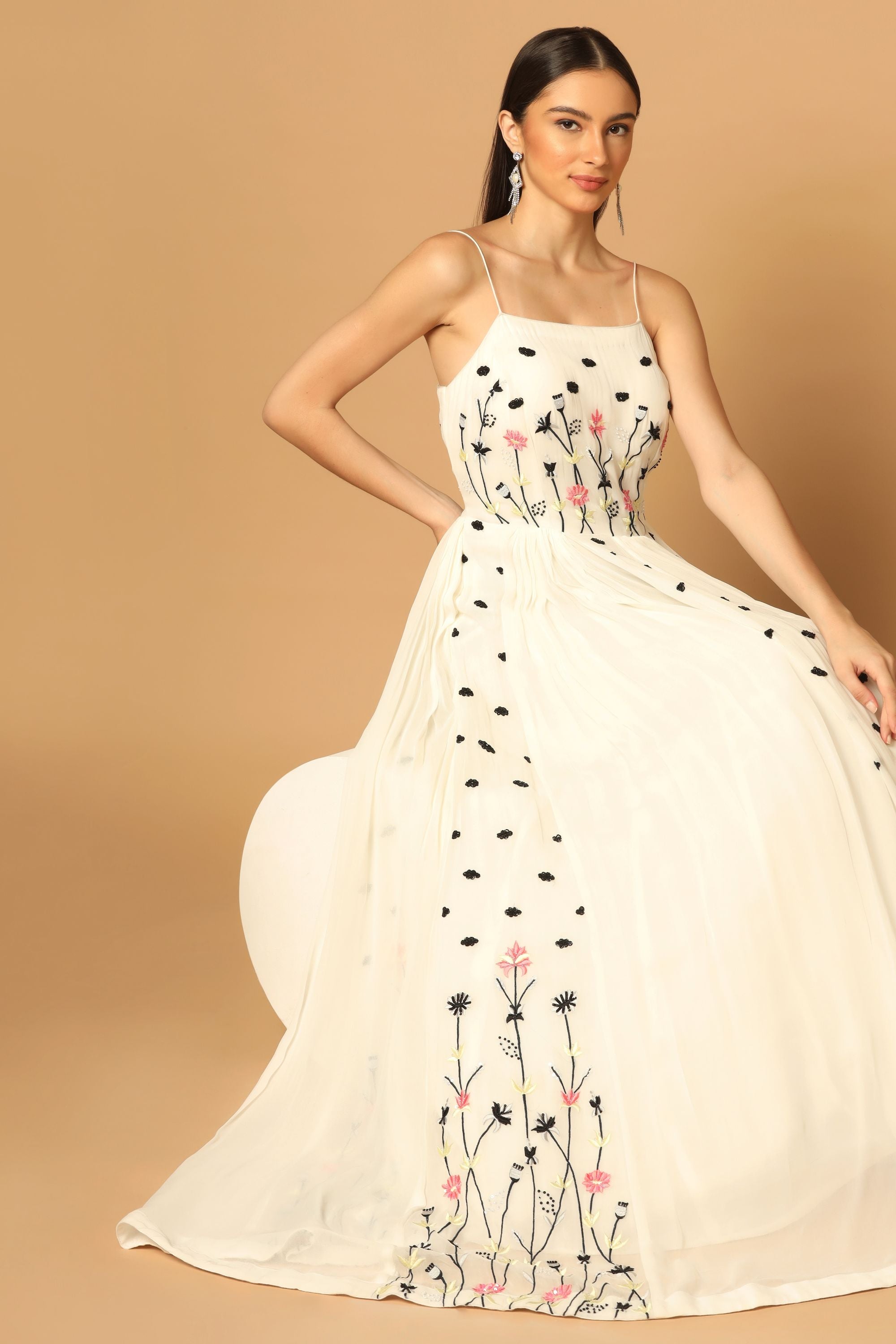 White Gown with Hand Floral Embroidery