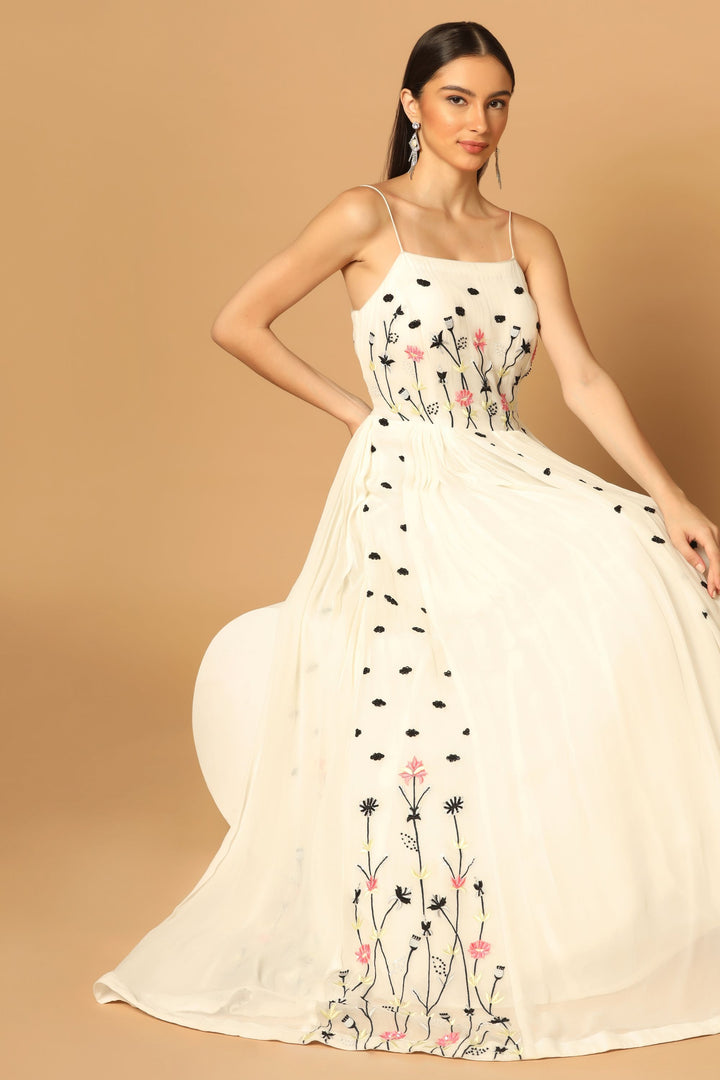 White Gown with Floral Embroidery