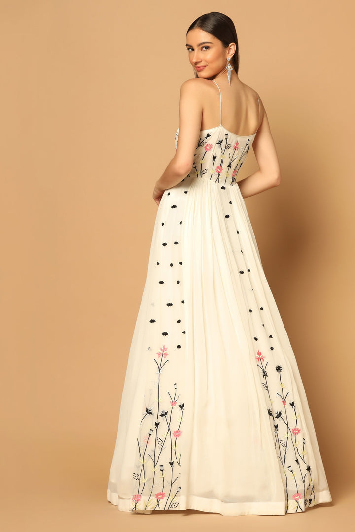 White Gown with Floral Embroidery