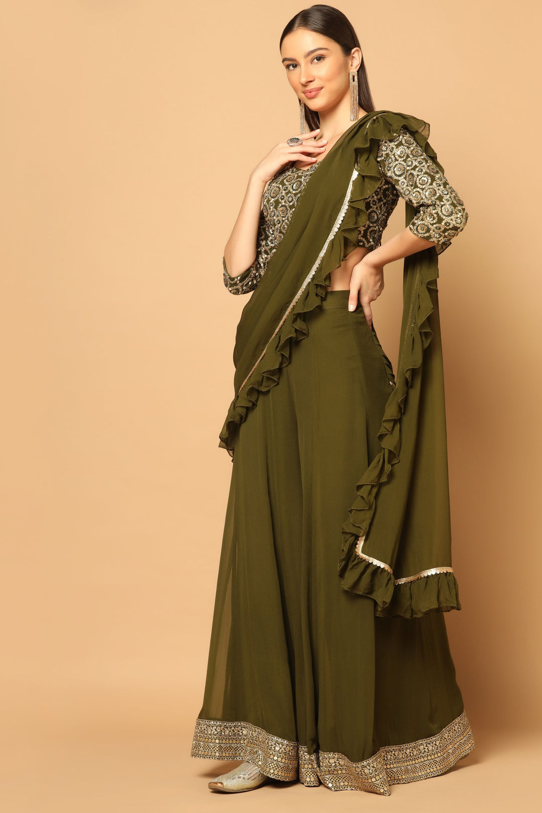 Mehendi Green Sharara Set with A Drape Dupatta Gyans Mehendi Green Sharara Set with A Drape Dupatta Gyans