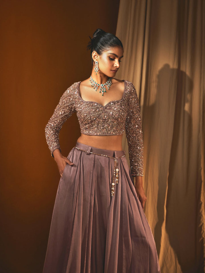 Metallic Purple Satin Lehenga Set with an Embroidered Net Blouse and sequinned Belt