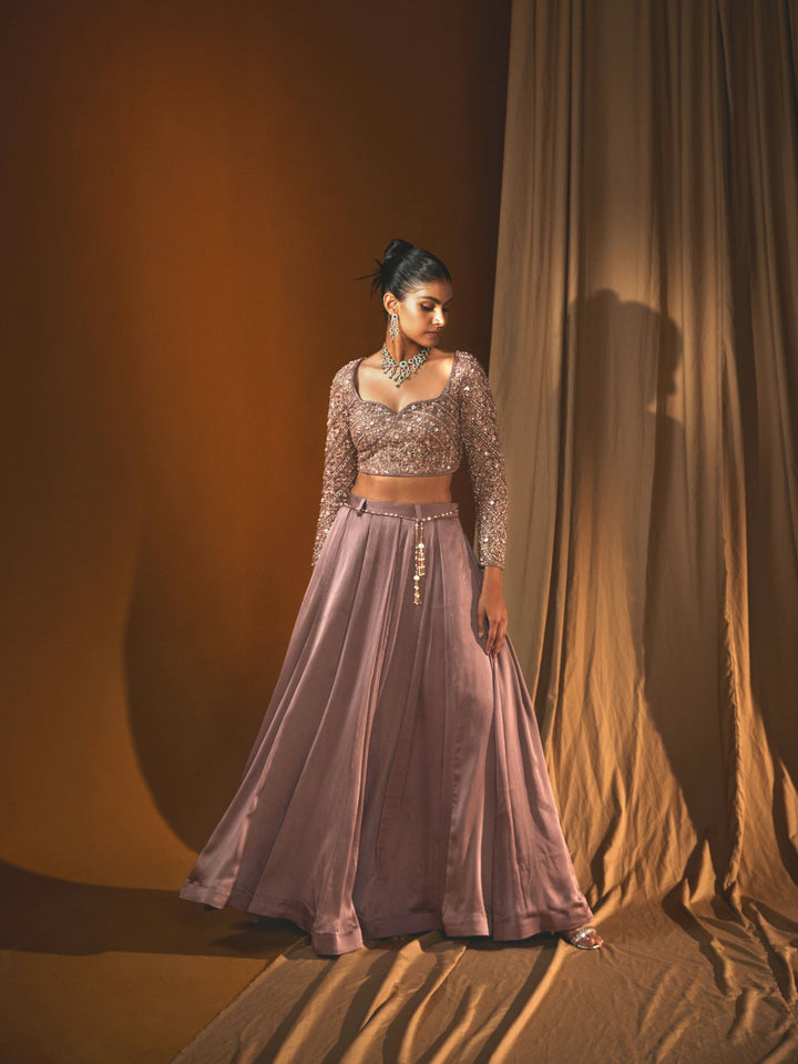 Metallic Purple Satin Lehenga Set with an Embroidered Net Blouse and sequinned Belt