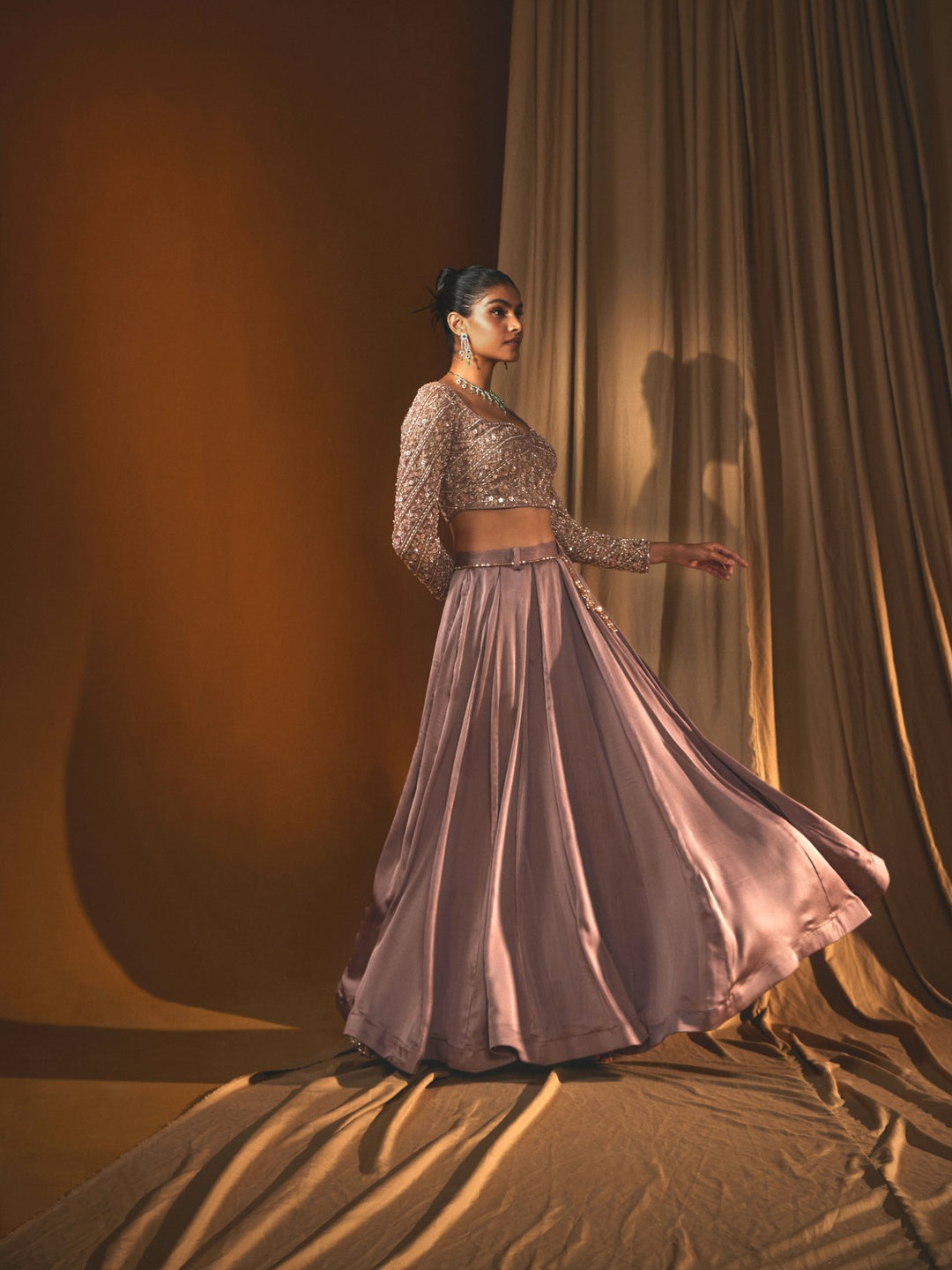 Metallic Purple Satin Lehenga Set with an Embroidered Net Blouse and sequinned Belt