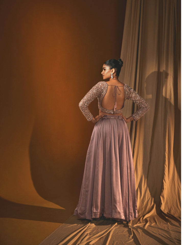 Metallic Purple Satin Lehenga Set with an Embroidered Net Blouse and sequinned Belt