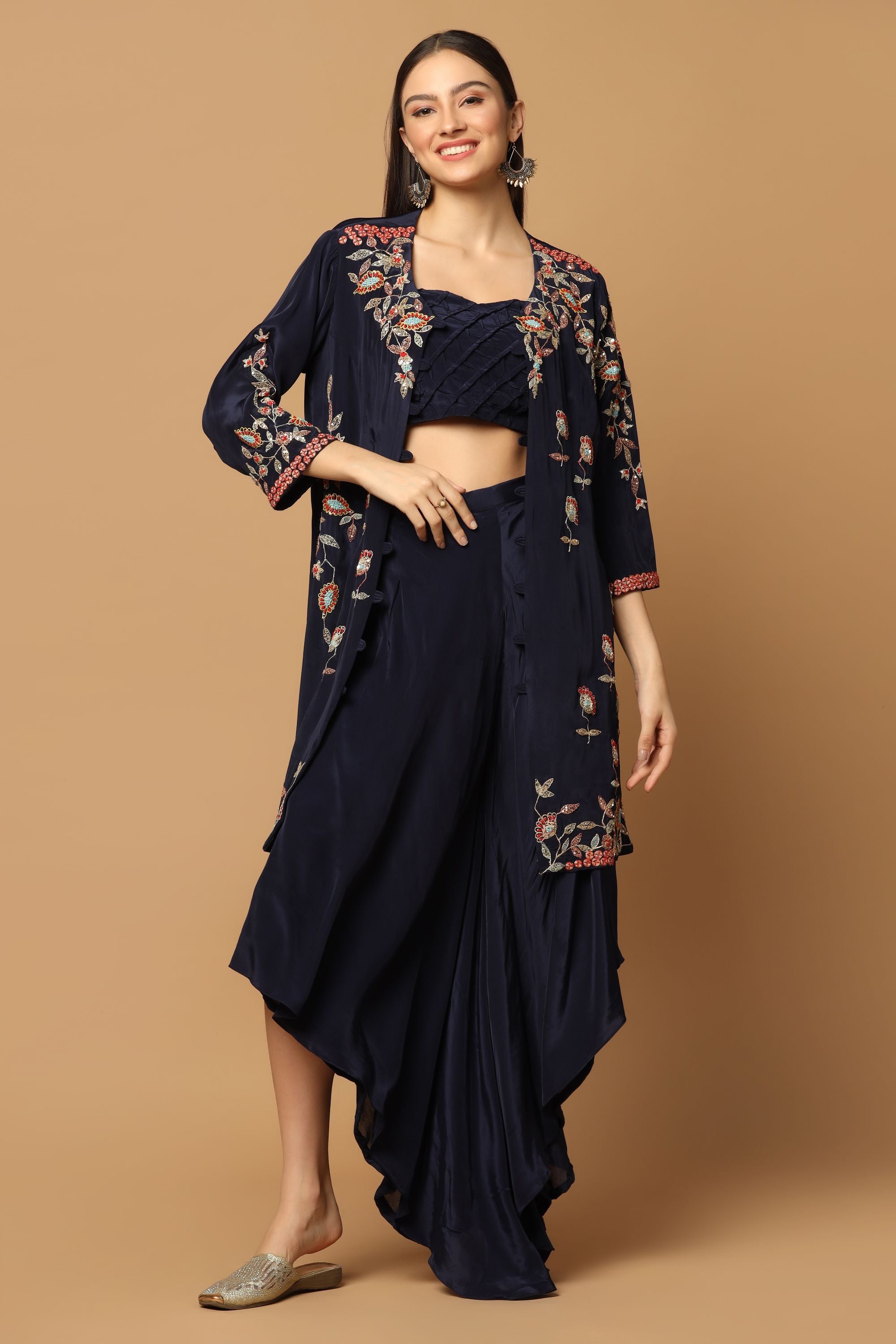 Navy Blue Sharara Pants with Bustier & Embroidered Jacket