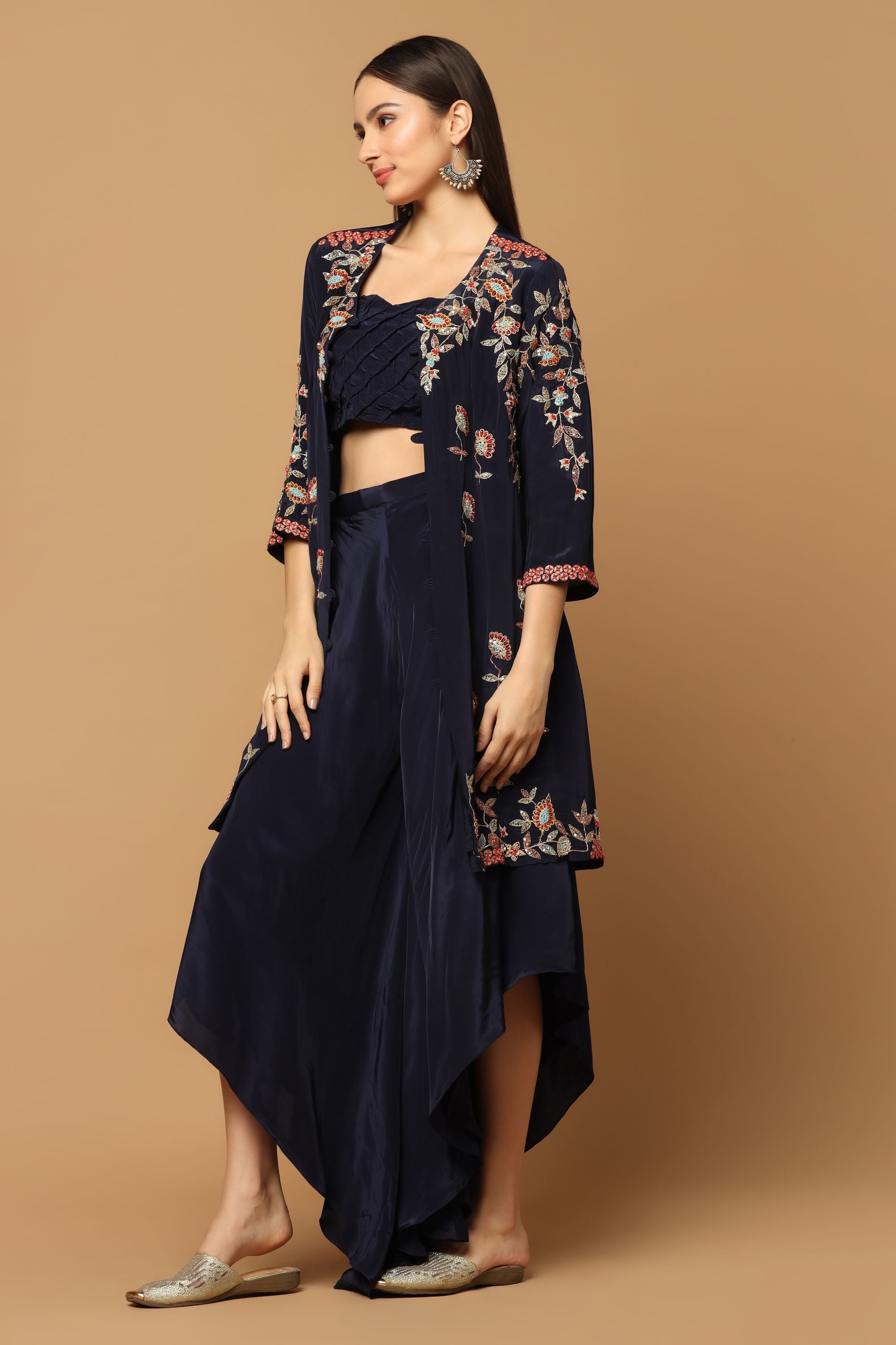 Navy Blue Sharara Pants with Bustier & Embroidered Jacket
