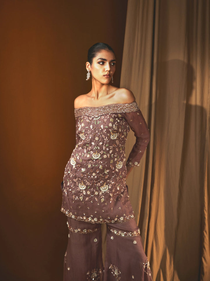Badami Organza Off Shoulder Embroidered Gharara Set with Sequins & Thread Work
