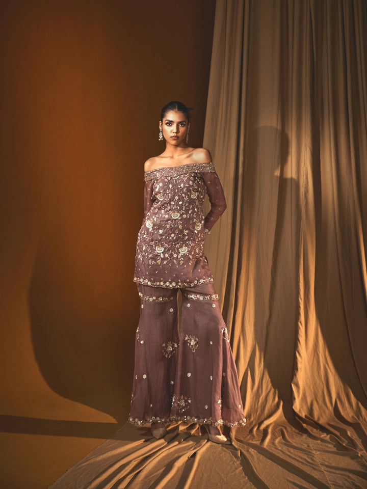 Badami Organza Off Shoulder Embroidered Gharara Set with Sequins & Thread Work