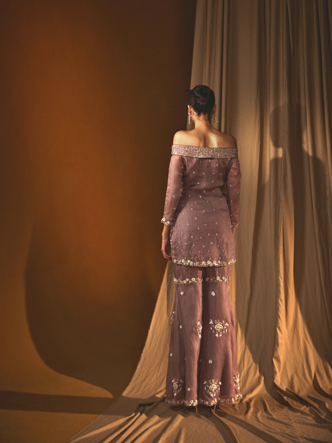 Badami Organza Off Shoulder Embroidered Gharara Set with Sequins & Thread Work