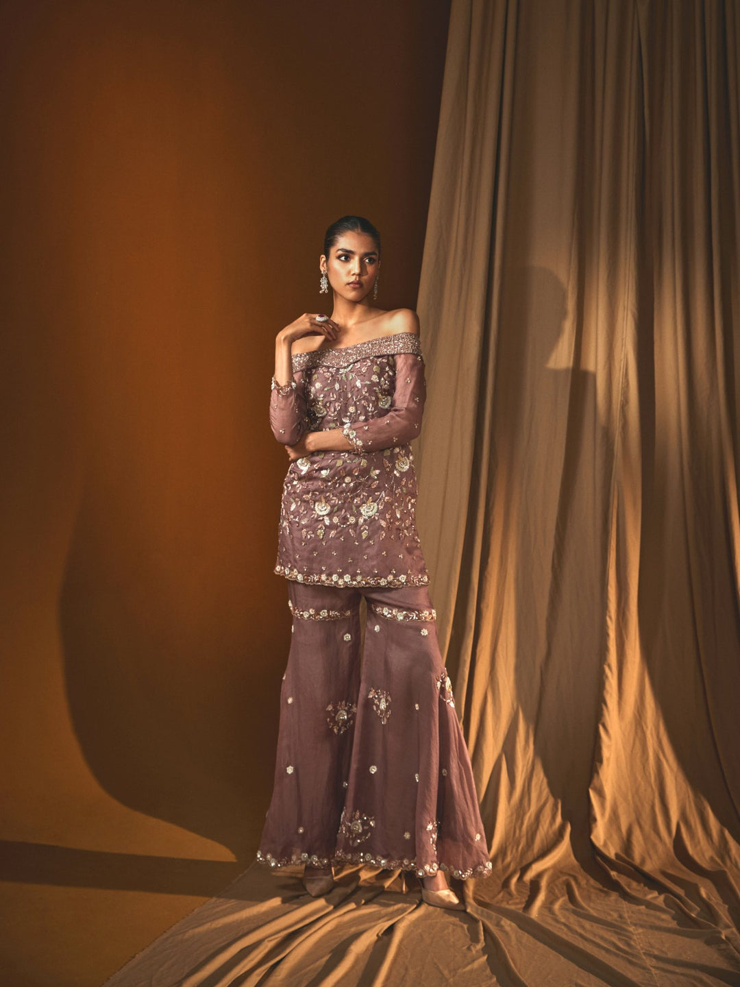 Badami Organza Off Shoulder Embroidered Gharara Set with Sequins & Thread Work