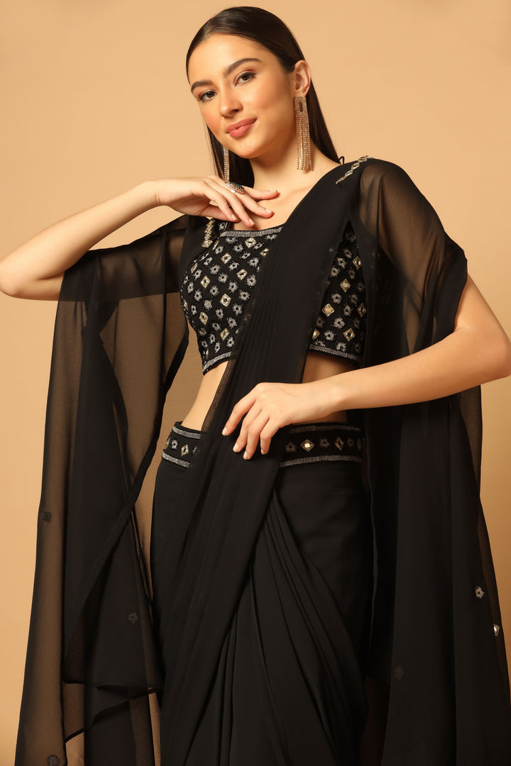 Black Draped Saree Set with Cape