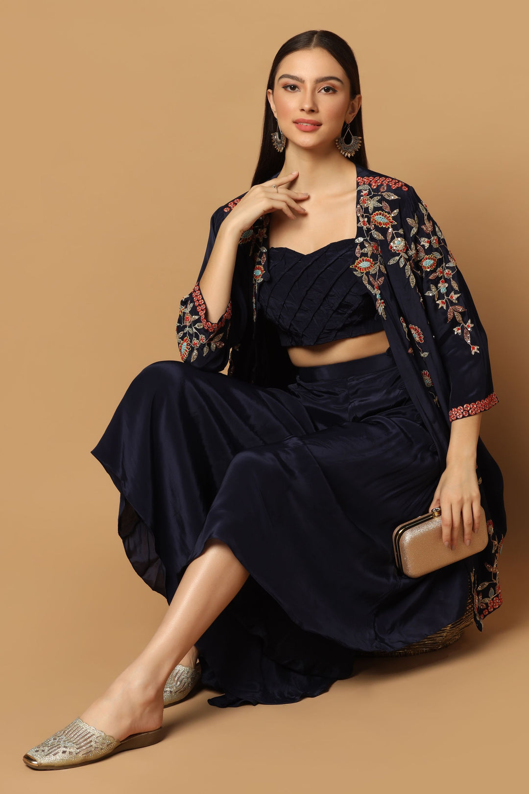 Navy Blue Embroidered Cape Set