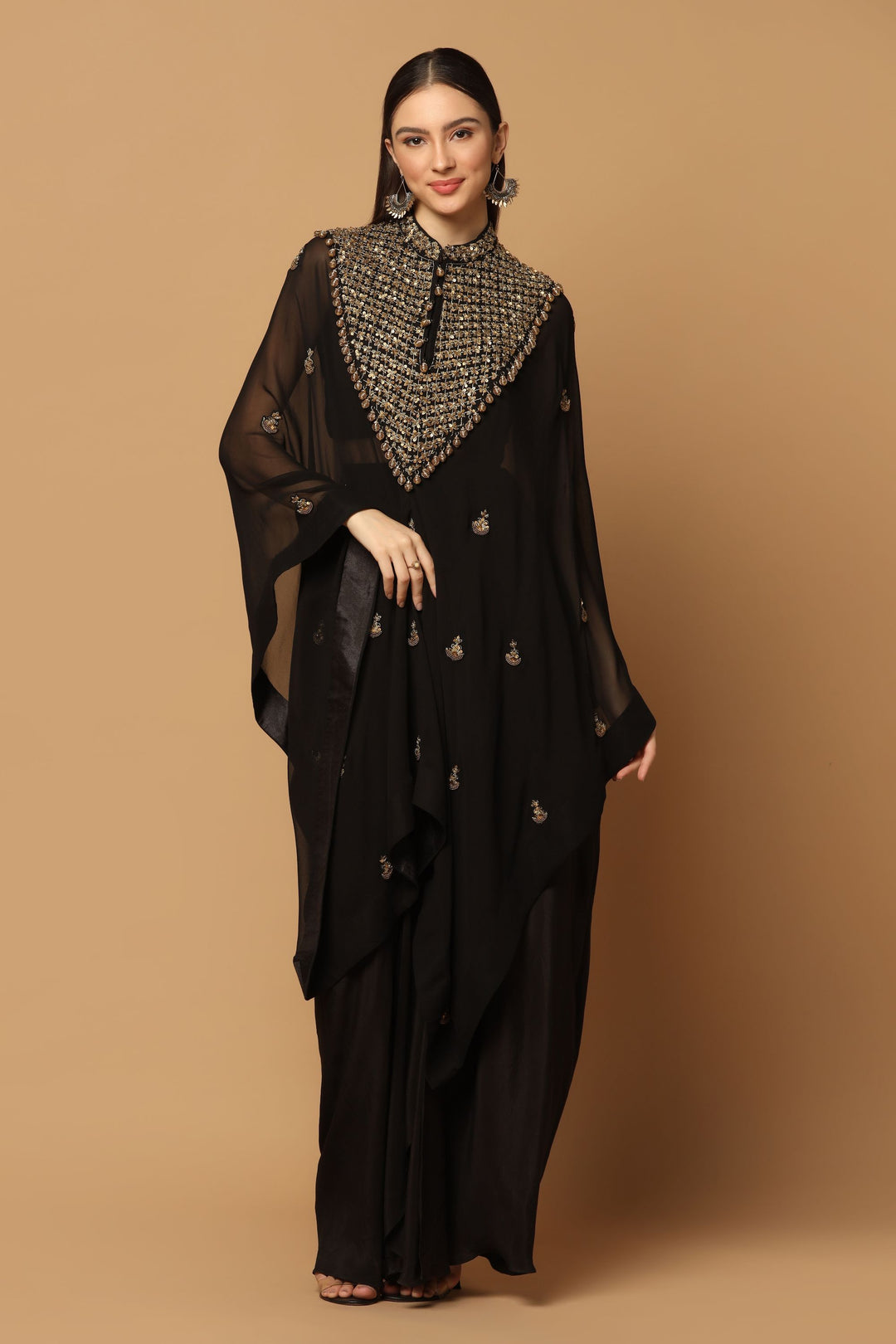Black Skirt Set with Hand Embroidered Kaftan Cape and bustier