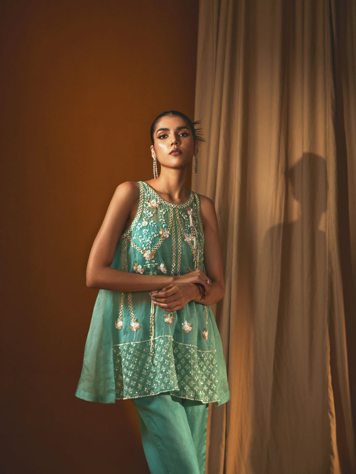 Firozi Organza Short Kurti & flared pants Set