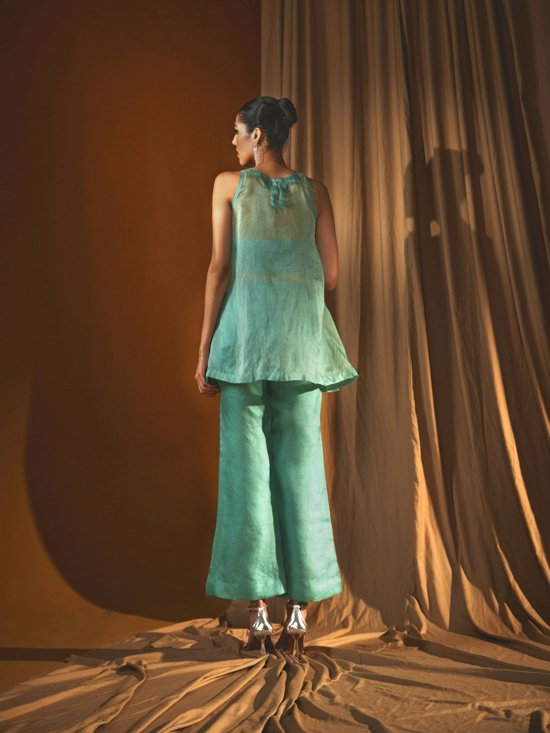 Firozi Organza Short Kurti & flared pants Set