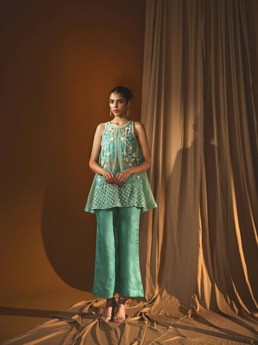 Firozi Organza Short Kurti & flared pants Set