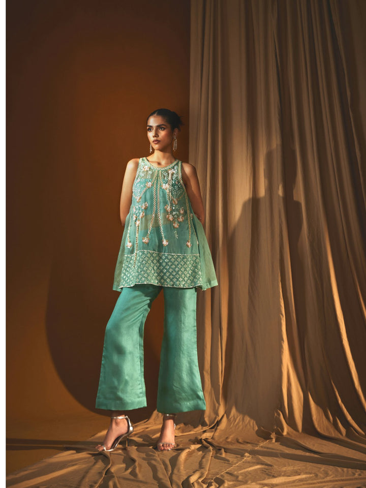Firozi Organza Short Kurti & flared pants Set