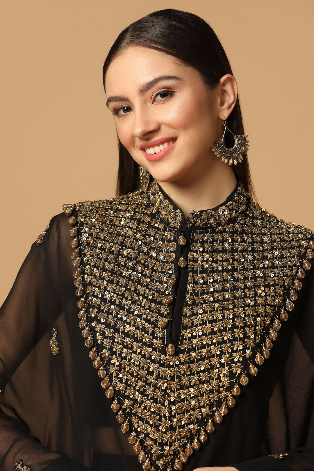 Black Skirt Set with Hand Embroidered Kaftan Cape and bustier