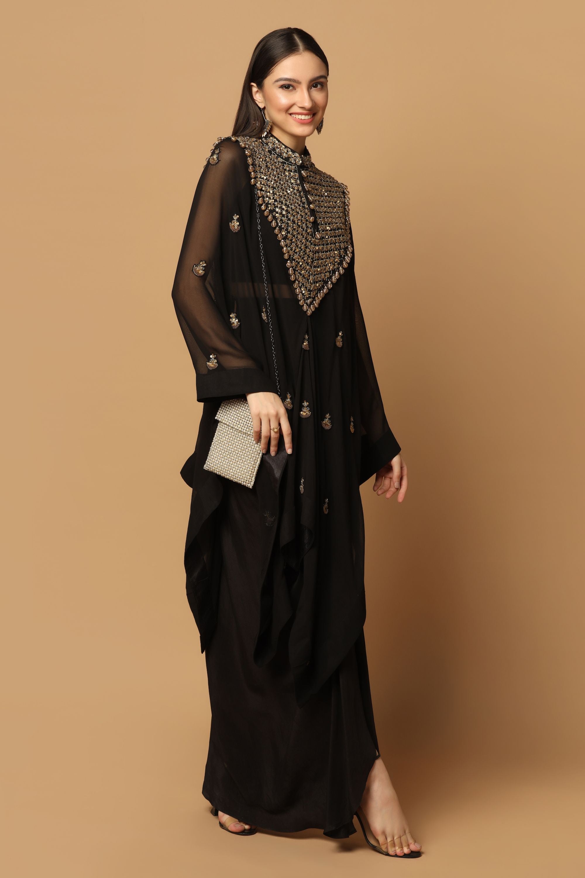 Black Skirt Set with Hand Embroidered Kaftan Cape