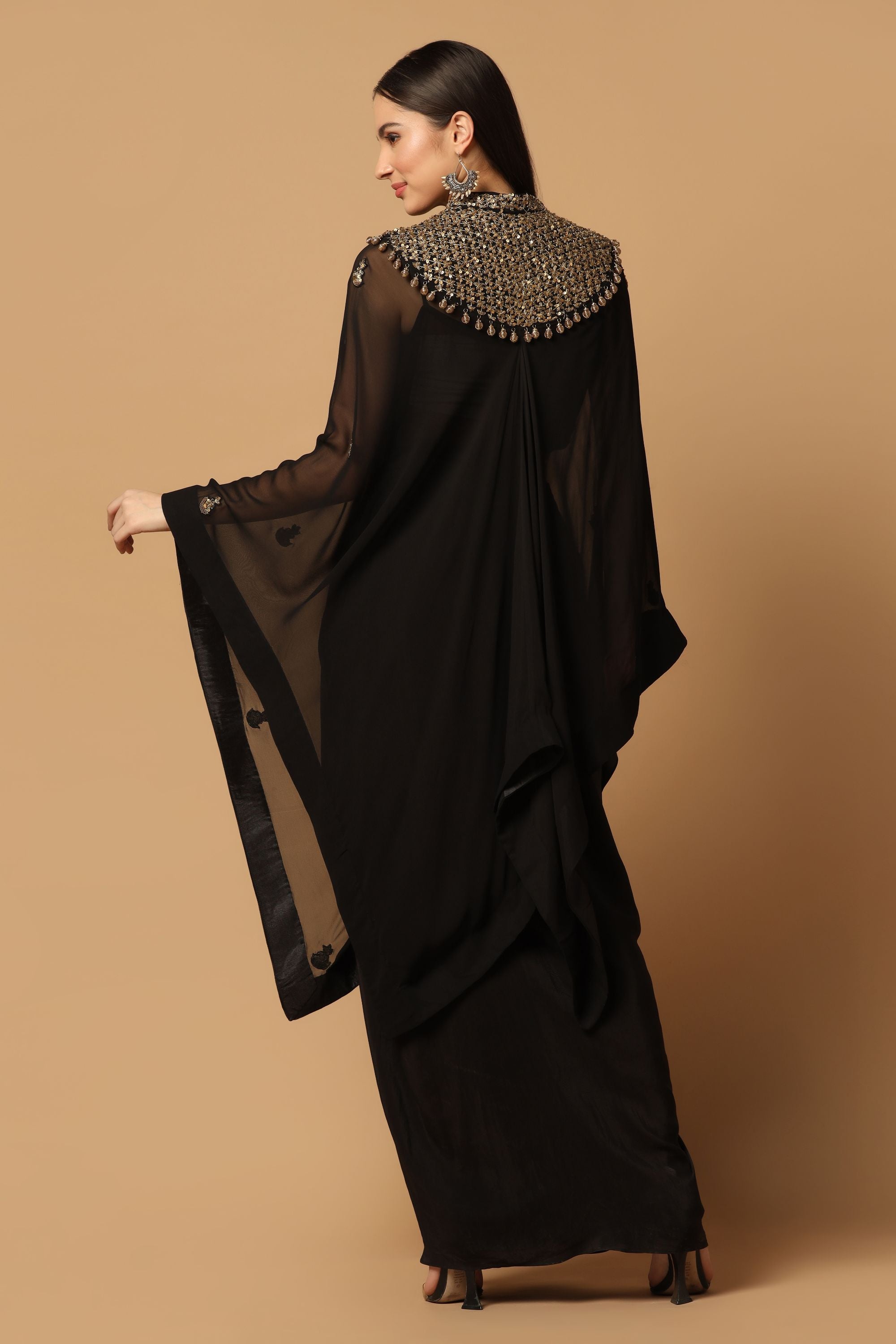 Black Skirt Set with Hand Embroidered Kaftan Cape
