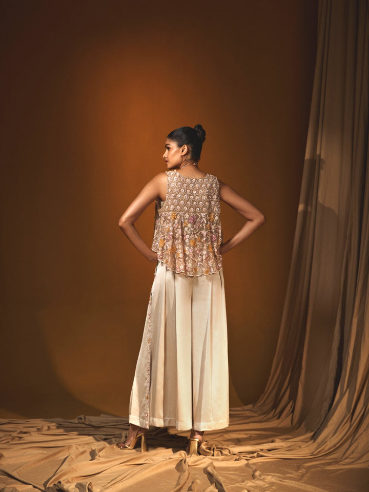 Ivory Satin Crop top & High Waisted Pant Set with a side slit and a sleevless Cape