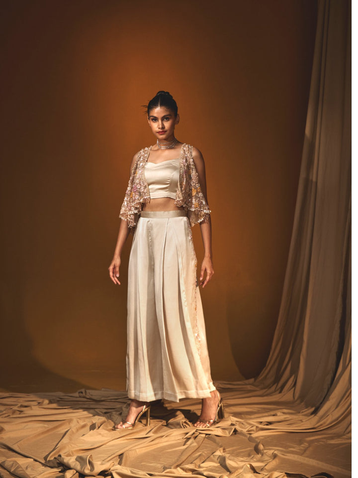 Ivory Satin Crop top & High Waisted Pant Set with a side slit and a sleevless Cape