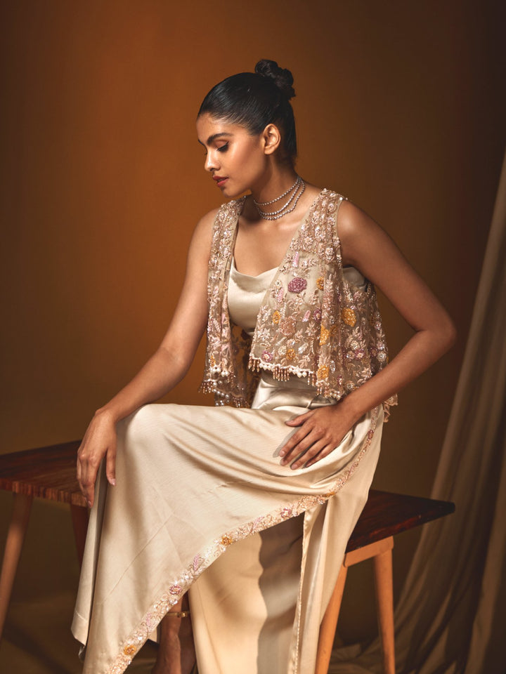 Ivory Satin Crop top & High Waisted Pant Set with a side slit and a sleevless Cape