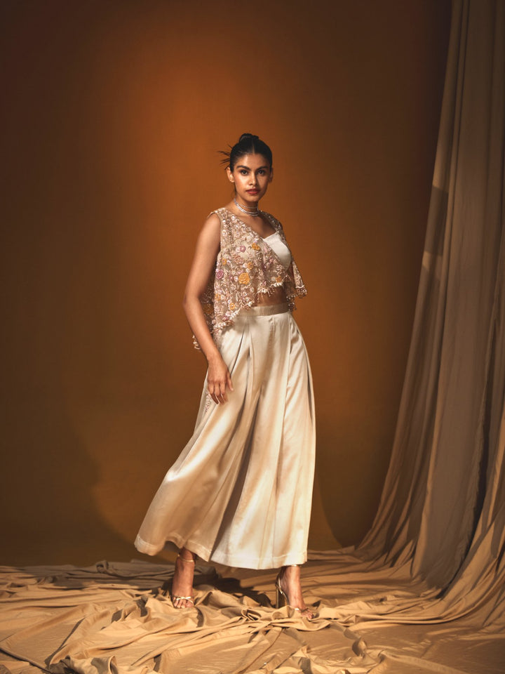 Ivory Satin Crop top & High Waisted Pant Set with a side slit and a sleevless Cape