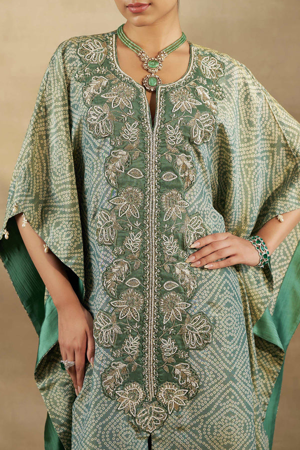 GREEN BANDHANI TISSUE EMBROIDERED KAFTAN WITH  SILK PANT