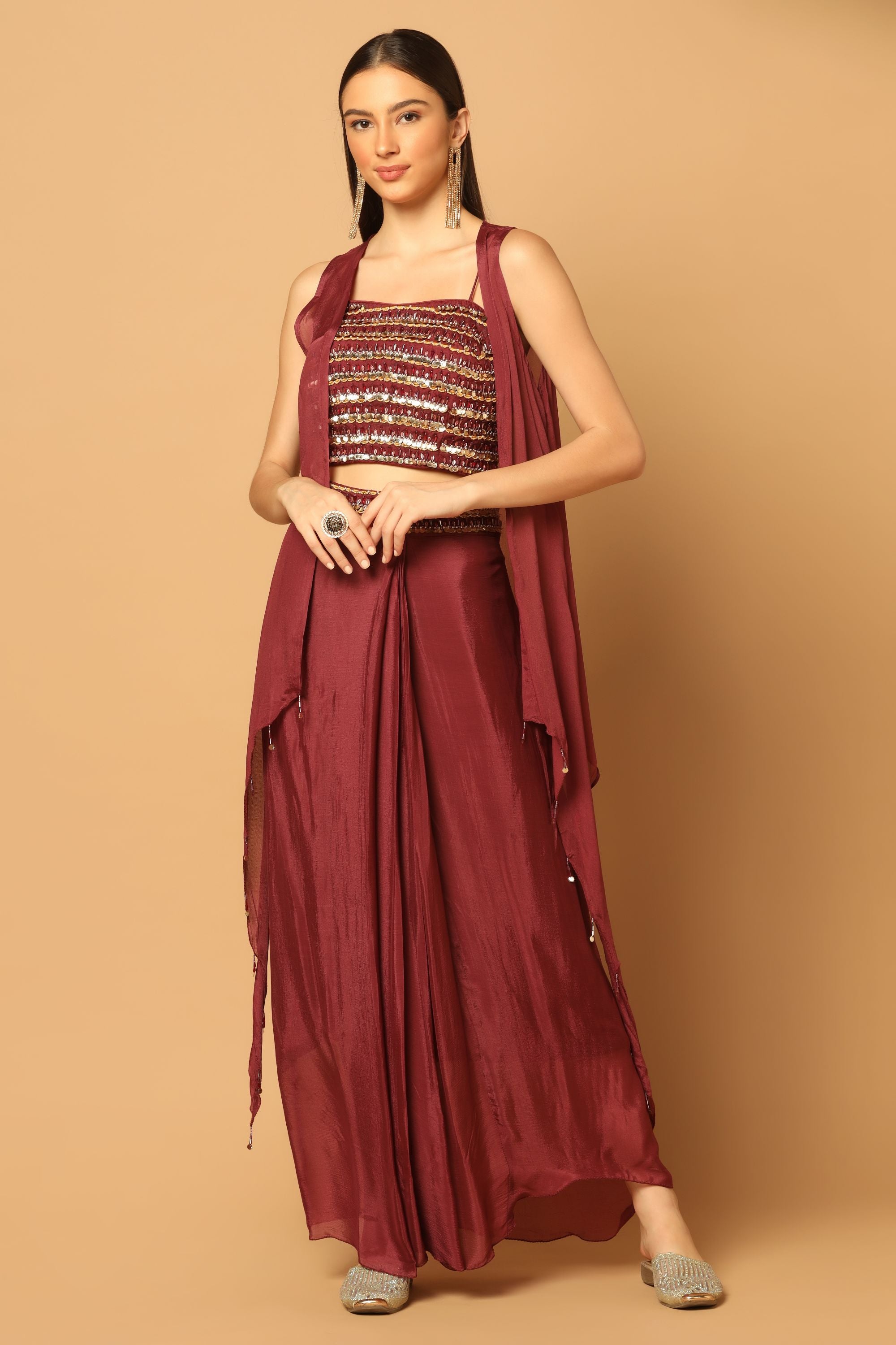 Maroon Skirt Set with Embroidered Blouse & Cape