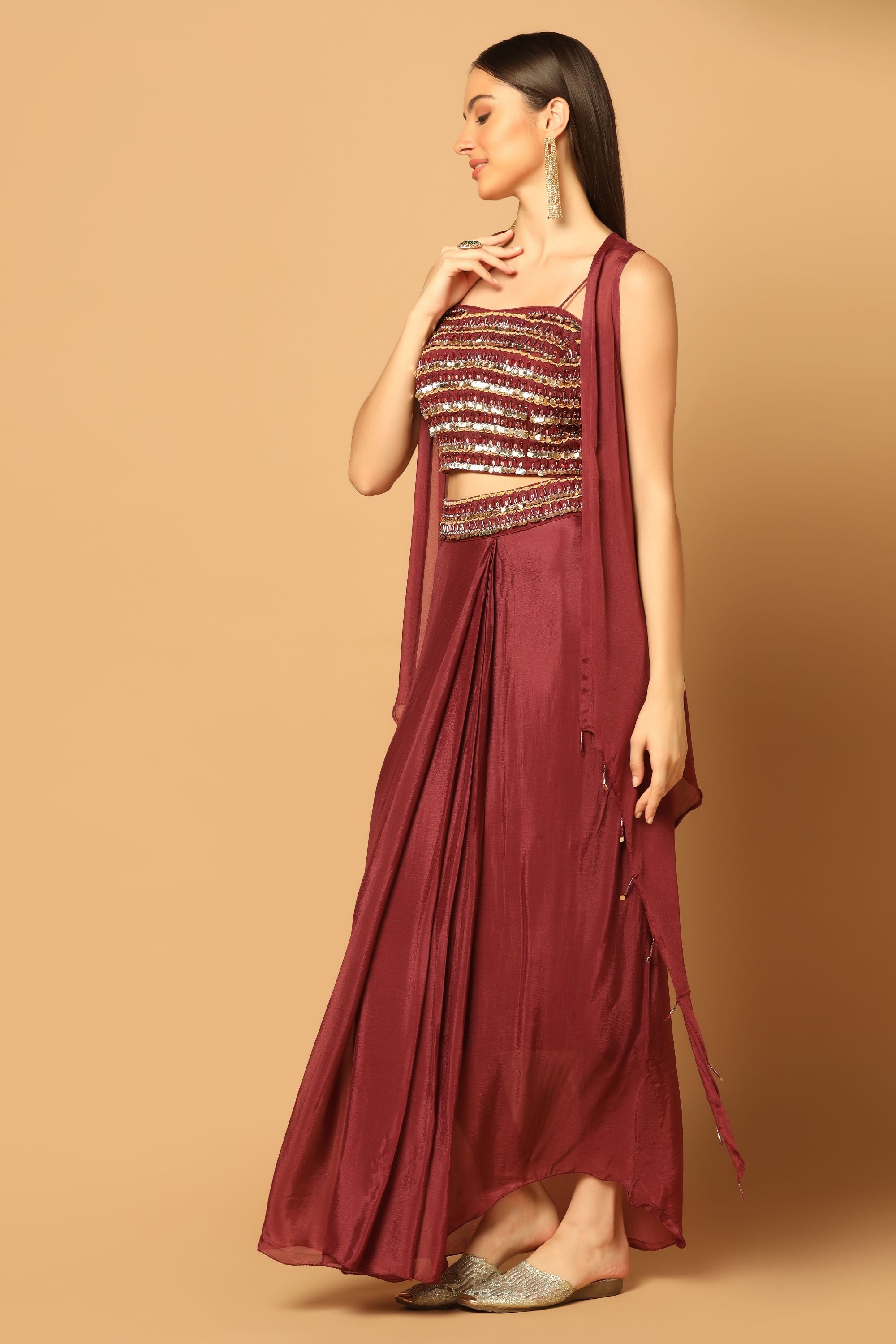 Maroon Skirt Set with Embroidered Blouse & Cape