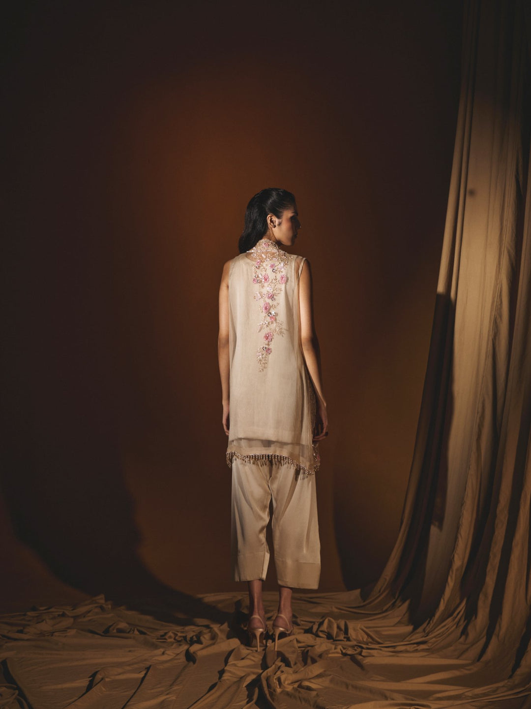 Gold Organza Jacket with a Satin tunic and pant Set