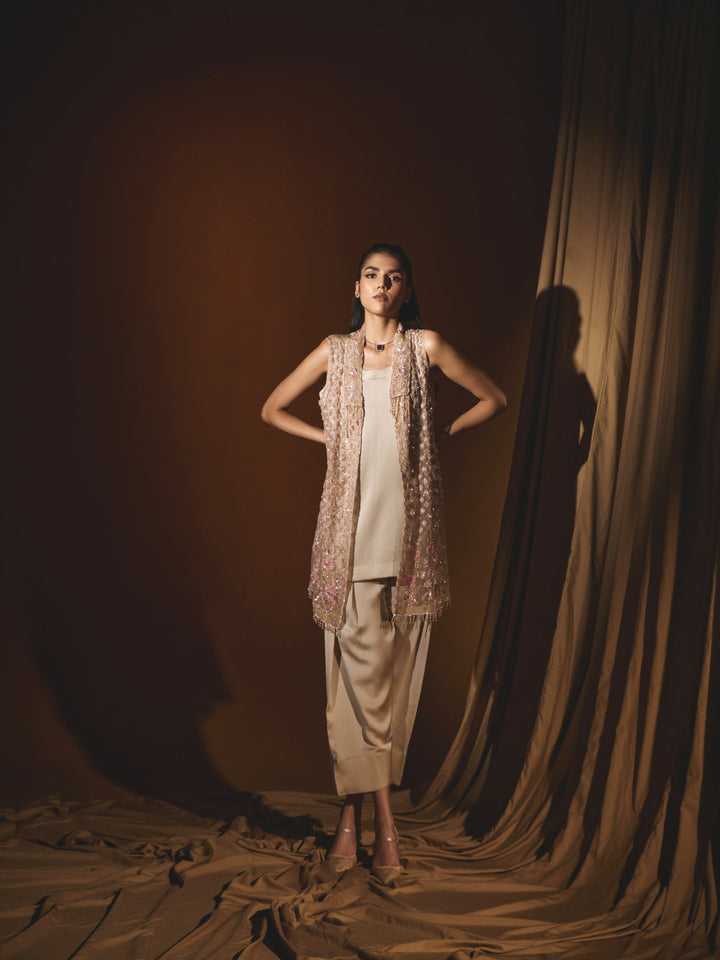 Gold Organza Jacket with a Satin tunic and pant Set