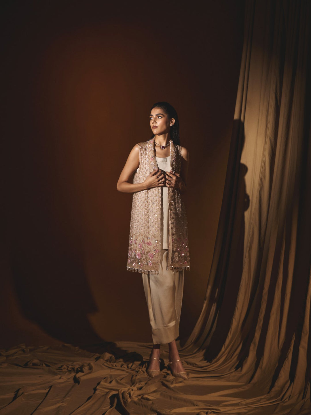 Gold Organza Jacket with a Satin tunic and pant Set