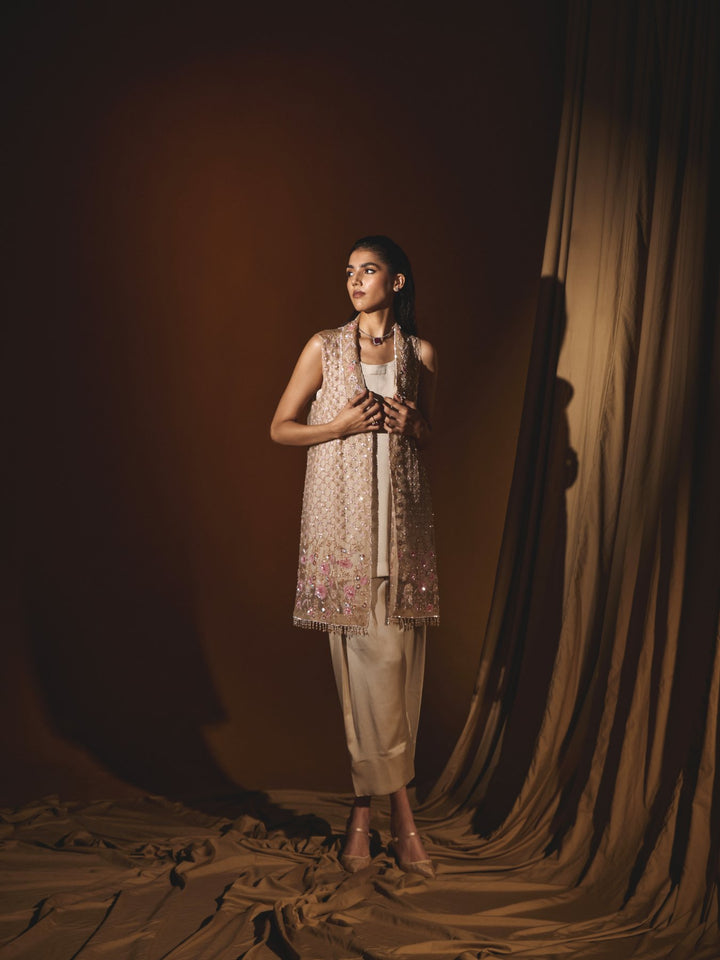 Gold Organza Jacket with a Satin tunic and pant Set