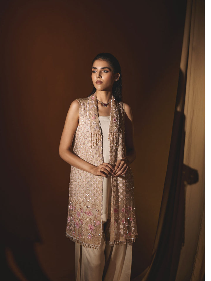 Gold Organza Jacket with a Satin tunic and pant Set