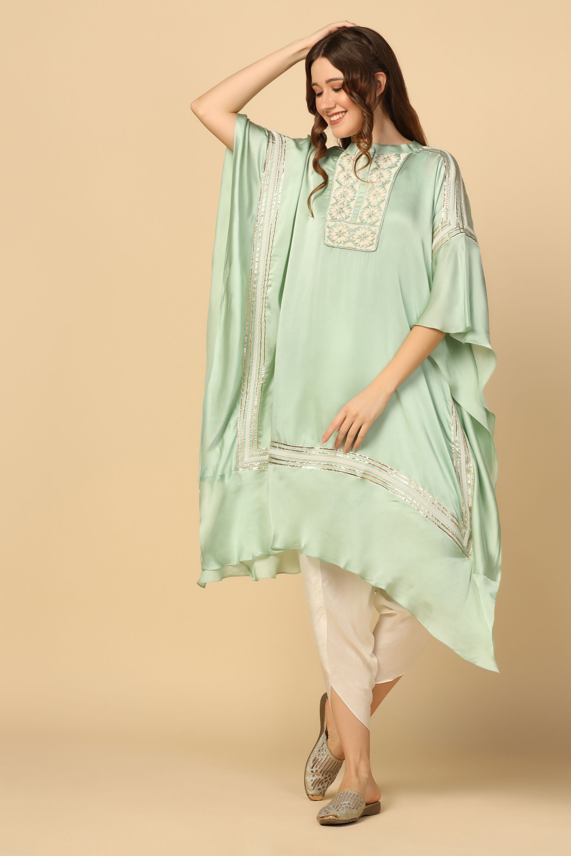 Mint Green Embroidered Kaftan Set with Tulip Pants