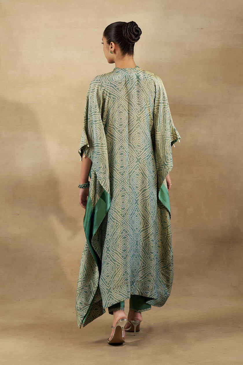 GREEN BANDHANI TISSUE EMBROIDERED KAFTAN WITH  SILK PANT